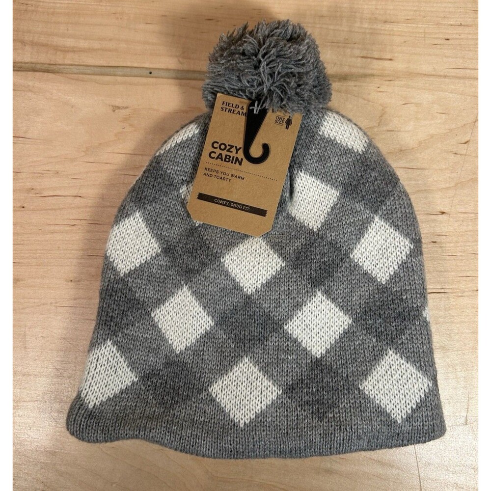 Field & Stream Women's Cabin Buffalo Checkered Pom Beanie Hat Gray White